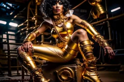 Cleopatra, with a bob hairstyle, in a steampunk setting, gold boots, in a fighting stance