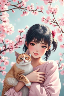 Make a cool background with cherry blossoms. with a beautiful young girl and her cat