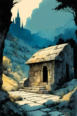 create in inkwash and watercolor, an empty tomb, landscape of ancient Tuscany in the comic book art style of Mike Mignola, Bill Sienkiewicz and Jean Giraud Moebius, , highly detailed,, grainy, gritty textures, , dramatic natural lighting