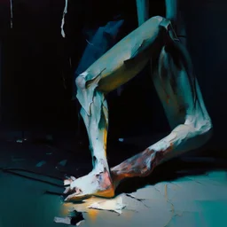 Minimal abstract oil paintings close up person limbs sinew and concrete fragments illuminated at night style of Justin Mortimer