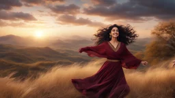 Hyper Realistic Close-Photographic-View of Beautiful-Long-Curly-Black-Haired-Pashto Girl Smiling & whirling with maroon-&-white-dress-with-golden-shawl on mountain top with tall grass & cold-breeze along with a tree & cloudy-sunset behind showing dramatic & cinematic ambiance