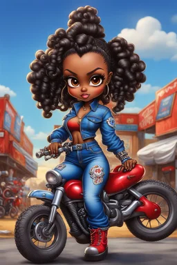 airbrush illustration of the chibi cartoon character, a voluptuous black female in a blue jean outfit with biker boots. Her prominent makeup and hazel eyes, along with her detailed red bantu knots, are featured in this image, set against the background of a lively bike show.