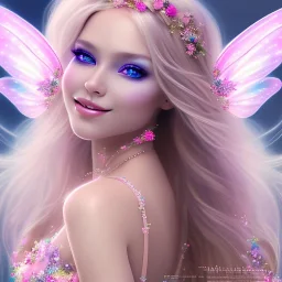 beautiful, soft, big smile face, whole head, long straight blonde hair blues eyes, crown on the head, clothing in transparent bluish and pink veil,fairy wings on the back, background brillante bluish and pink, hight definition, 8K