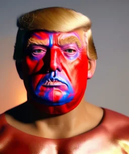 Realistic image of Donald trump wrestler, Mexican wrestling, star mask makeup, red and blue breeches, suspenders, retro style, 80s, red, gold, vibrant color, highly detailed, clean background, concept art, unreal engine 5, god rays, ray tracing, RTX, lumen lighting, ultra detail, volumetric lighting, 3d, finely drawn, high definition, high resolution.