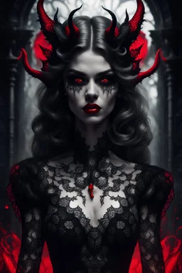 black and white digital art from a demon queen in black lace dress and red shues, , crepy stunning , she looking defiantly in the camera , high detalied, realistic, dark fantasy, thriller, cinematic