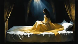 [art by Dave McKean] n the opulent chamber of the castle, the princess lay ensconced in the silken folds of her bed, the morning sun casting a golden glow upon her delicate features. Her ebony locks cascaded like a river of shadows across the pillows, framing her porcelain skin in a stark contrast of light and dark. As she lingered in the realm between sleep and wakefulness, the distant clamor by the window stirred her from her languid repose. With a languid grace, the princess rose from the bed