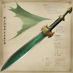 ConceptSheet: A document showing Green Dragon Crescent Blade – Exceptionally heavy guandao wielded by Guan Yu , so powerful of incomprehensible power.