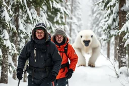 picture of two snowshoers in an Alpine Forest, serious, far behind the snowshoers lurking in the background is a realistic ape-like white furred Yeti creature, photoreal HD quality, everything in sharp focus, depth of field