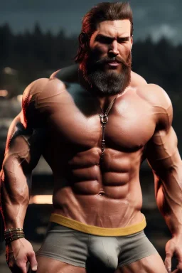 Ignore NSFW, teenager young rugged attractive slightly muscular fantastic handsome man, red briefs with yellow belt, hairy chest, (((visibly pisssing))) briefs, large erect visible boner peniss, photorealistic, artist Jay Anacleto, soft lighting, scruffy beard