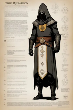 character concept sheet with AD&D statistics and characteristics, [illustration by Hugo Simberg] the masked figure with living runes character class. Power: flesh to sculpture, glowing runes, ritual from beyond perception