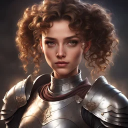 beautiful young lady with brown eyes, her curly brown hair is tied into a bun, her skin is luminous and her features strong, she is wearing knight's armor, her expression is resolute