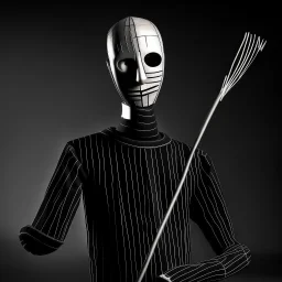 thin stick man with metal face mask black and white