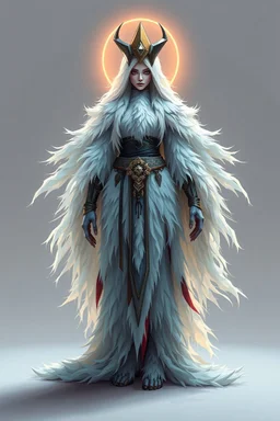 good low poly priest woman with long fur all over her entire body and bright aura