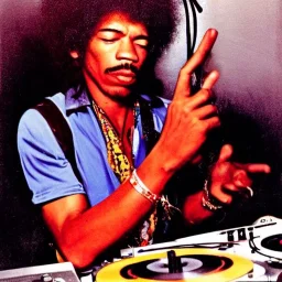 portrait of Jimi Hendrix at a turntable with headphones on being a DJ, cigarette in mouth