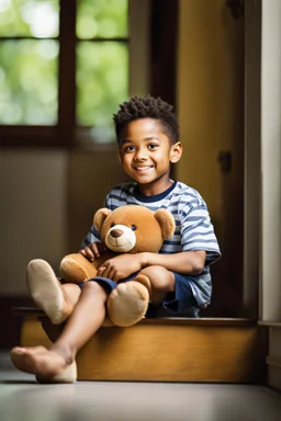 a young boy sitting on a shelf holding a teddy bear,7 years old, shirt