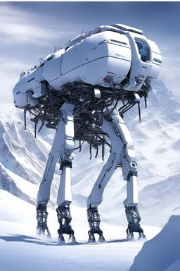 a sleek mechanical walker with eight legs scaling a very steep snow covered side of mout everest at night, it has a smooth surface, it has storage pods on its belly and humans can fit in the pods