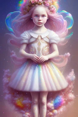 a little girl,brown eyes, pink hair, colorful, watercolor splash, white dress, rainbow flowers, in the style of Camilla d'Errico, hyper detailed, beautiful, complex, trending on artstation, cryengine, national geographic photo, chiaroscuro