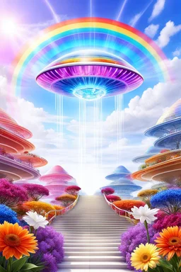 Ufo rainbow, futuriste ultra moderne,stairway to heaven,crystal very beautiful city,flowers garden,angels