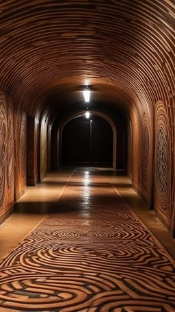 A tan underground tunnel with twists and turns designed in Australian aboriginal art