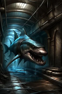 urban humanoid muscular brutish half-shark thresher shark in a sewer digital art