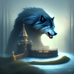 fantasy art, book cover, big mad wizard in front of the ebony stairs, a bridge or dam ,icy water, on the bridge is a big hairy mad wolf