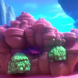 borg Cube spaceship with tentakel Coral plants growing out of it over a rocky desert with pink crystals