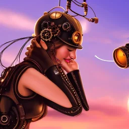 great illustrator, spanish, realistic rendering of a cute spanish girl kissing herself, beautiful, steampunk style. Helmet with tubes. Machinery in the background. robotic bird flying. High details. 4k. unreal engine, sunset