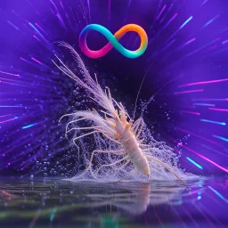 infinity symbol ∞ with vibrant powerful single prawn coming out of the water, striking, neon, chiaroscuro, dramatic, captivating, powerful, fantasy, beautiful, octane render, 16k post-production, artstation: award-winning: atmospheric: commanding: fantastical: clarity: ultra quality: striking: brilliance: stunning colors: amazing depth; lens: f/11, 35mm