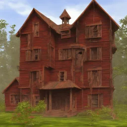 Exterior of a large red wooden house with 4 floors. Half is rotten and moldy.