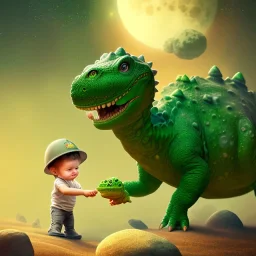 1yo little szymon is on safari onthe moon. petting a green dinosaur. he has big binoculars and a funny hat. High detailed. Cinematic. Digital painting. Warm lights.