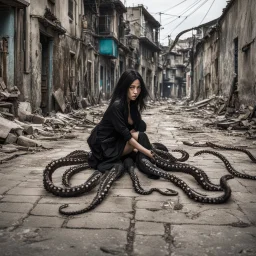 a woman with dark hair and octopus legs, crawling along a derelict street