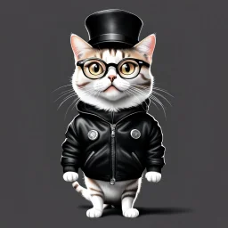 Drawing of a surprised cat with black jacket, hat and glasses, NFT style