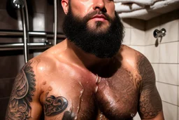 fullbody photography of two serious wet dirty muscular chubby sweaty 37 years old strong gypsy carpenters under open shower, kissing embraced , big bulge, manly chest, tattoo, dreadlocks, photorealistic, 32k, misery, poverty, angry eyes, low dim lights, profile view