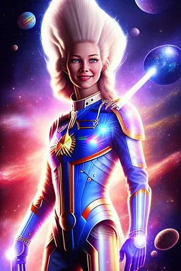 cosmic woman smile, admiral from the future, one fine whole face, crystalline skin, expressive blue eyes,rainbow, smiling lips, very nice smile, costume pleiadian, Beautiful tall woman pleiadian Galactic commander, ship, perfect datailed golden galactic suit, high rank, long blond hair, hand whit five perfect detailed finger, amazing big blue eyes, smilling mouth, high drfinition lips, cosmic happiness, bright colors, blue, pink, gold, jewels, realist,