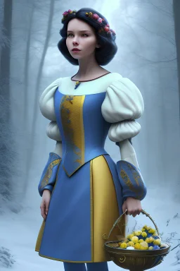 4K Ultra-HD, Hyper realistic, cinematic lighting -- Snow White, short, bowl-cut black hair, blue eyes, Yellow skirt, blue blouse with short poofy sleeves, extremely pail skin, Rose pedals, wild animals, Castle, Full body image -- 4k, stunning, dramatic lighting, dramatic background, cinematic, atmospheric, very detailed, historic, powerful, octane rendering, exquisite detail, 30 - megapixel, 4k, 85 - mm - lens, sharp - focus, intricately - detailed, long exposure time, f8, ISO 100, shutter - s