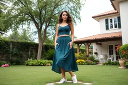 very beautiful lady with beautiful midi dark green-blue skirt and top with curvy hair sports shoes standing in a nice villa yard with trees flowers ,16 by 9