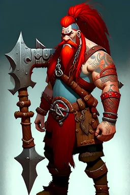 Rowan Hammerhead is the adopted son of a blacksmith. He spends his days hammering swords and breastplates, so he is very strong. He has large muscles and lots of dwarven tattoos. His hair is bright red and is formed into short dreads, with trinkets and ornaments adorning them. He proudly carries his prized warhammer on him at all times, with a head shaped like a Hammerhead shark