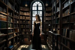 full-height shot of a woman in a tight black dress, inside a large magic book shop, books, bottles, windows