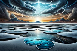 Abstract Landscape in surreal iced desert, with floating and standing geometric shapes intertwined to create a captivating pattern. The scene features circles, ovals, and squares, all enhanced by overlapping shadows and reflections, adding depth and dimension. The sky is dramatic, filled with swirling dark clouds and lightning, creating an intense atmosphere. The color palette consists of rich, deep hues, painting watercolor and dark ink techniques brings a cinematic and dreamlike