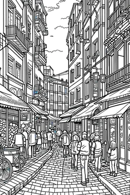 outline art for Street Scenesr coloring pages for adults with Urban City Streets with People , white background, Sketch styl, only use outline. clean line art, no shadows and clear and well outlined, many Patterns and Details