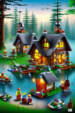 lego cottage in the forest with lake boy girl