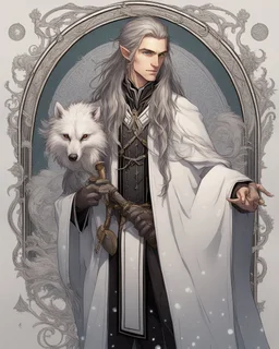 a young High Elf frost Wizard with long wiry hair, wearing a black trimmed white nobleman's robe and frost ornaments on clothes, with a weasel on his shoulder