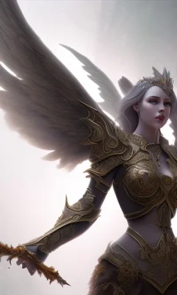 Female angel with beautiful perfect face big wings and golden crown floating above the ground in the dark enviroment, anatomically correct, michelangelo style, detailed, world of warcraft style, dark forest, trees, painting, brush strokes, 8k, dark forest in the background