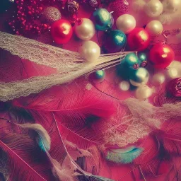 delicate arrangement of lace pearls and feathers, chiaroscuro, vivid colors, festive colors, dramatic lighting, beautiful composition, aesthetic layout