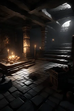 Create a 3d rendering full-height image of a grim and dark scene. Ensure the final images exhibit the utmost quality, with the play of a torch-lit dungeon encompassing 4K, 8K, and 64K resolutions, with 3D rendering that manifests in photorealistic, hyperrealistic, and highly detailed representations. Employ techniques such as HDR, UHD,