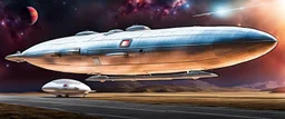 dirigible NCC 1701 hybrid, retrofuturistic, phototrealism, united federation of planets camper blimp