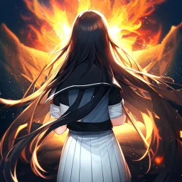 Clear focus,High resolution, Black long hair, Red eyes,Wearing a black sailor uniform,Looking away from the viewer, Back view, Ready for a epic battle between gods, Blurry fire