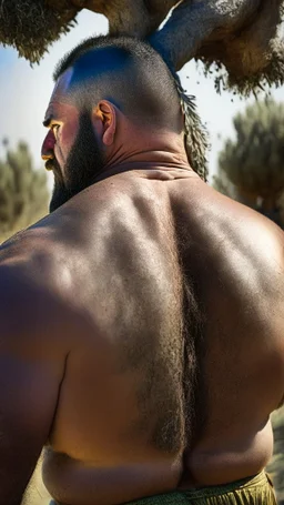 back portrait photography of a marocan ugly angry dirty burly stocky chubby farmer 31 years old, bullneck, strong arms, big belly, very sweat, long beard, very angry, angry eyes, near an olive tree , in the Italian countryside , September sun, ambient occlusion, DSLR, cinematic shot, hyper detailed photography, photorealistic, 50mm lens , strong side light, back view