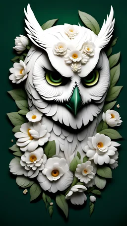 male with owl head made from a lot of beautiful white beautiful flowers and , white scars, pale colors smooth contrast, dark green background