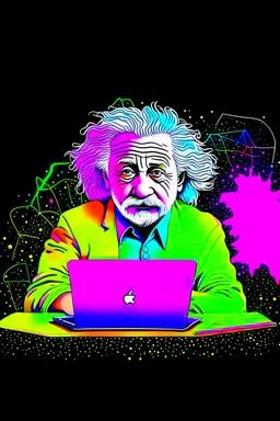 albert einstein in with laptop vivid colors